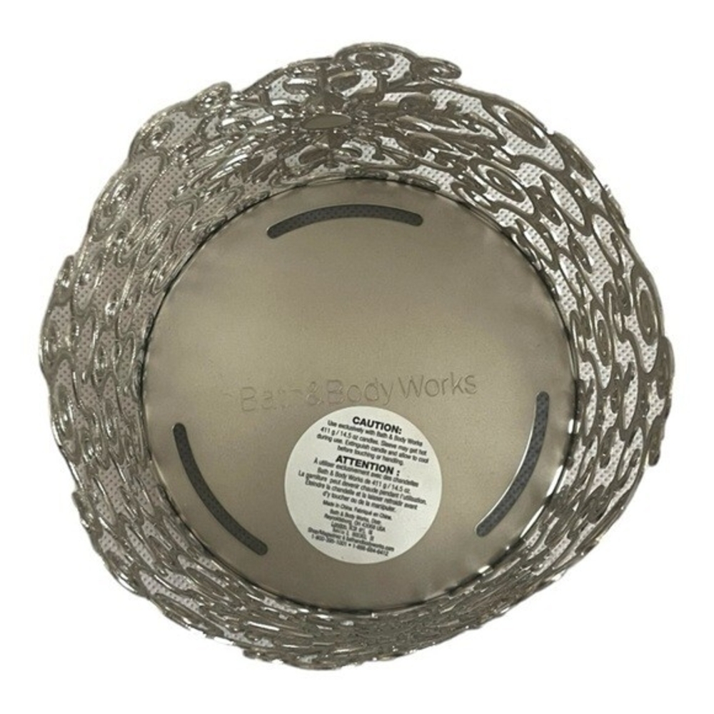 Bath & Body Works Metal Floral Patchwork Candle Holder Pearl Brushed Silver 4" - Picture 3 of 3